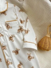 Newborn Baby Boy Cute Bear Pattern Lapel Button Pocket Long Sleeve Jumpsuit Soft Loungewear