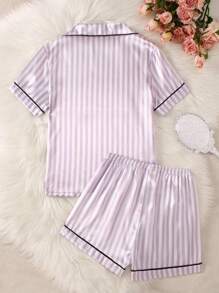 Tween GirlsClassic Striped Faux Silk Cardigan With Buttons, Bow Embroidered Pockets Short Sleeve Top Paired With Light Purple & White Striped Shorts With Black Trim, Home Outfit Set - Purple - View 2