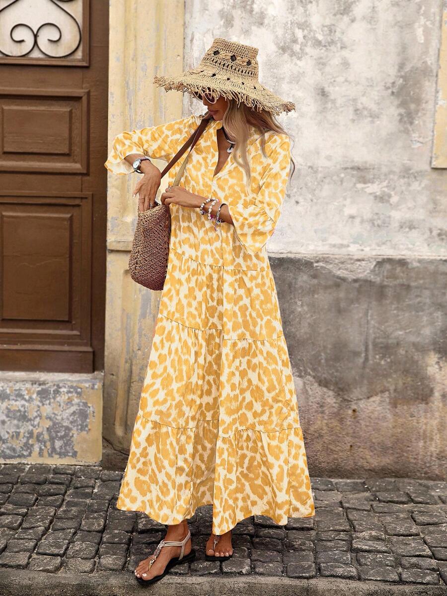 Brillora 女士梭织印花长袖连衣裙 - 黃色 - 查看 1