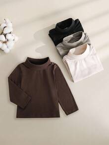 SHEIN Playful Pals 4 Pack Infant & Toddler Boys All-Match Solid Color Turtleneck Long Sleeve T-Shirts, Versatile For Everyday Wear, Suitable For Spring & Autumn Chic Outfits For Autumn/Winter Fall