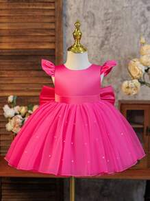 SHEIN Glamorique Kids 圣诞节/万圣节派对穿公主裙，适合女孩，白色缎面盖袖，荷叶边珍珠网眼裙，可拆卸缎面蝴蝶结后背，适合生日、婚礼、舞台表演、派对、正式场合 - 玫紅色 - 查看 4