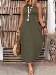 EMERY ROSE Plus Size Women's Solid Color Simple Daily Open Shoulder Dress Maxi Women Outfit - Green - View 5