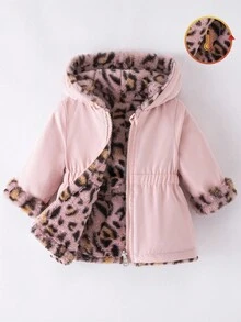 SHEIN Playful Pals Toddler Girls' Winter New Thickened Reversible Hooded Zipper Jacket, Leopard Print Padded Cotton Outerwear For School & Casual Wear Fall - Pink - View 3