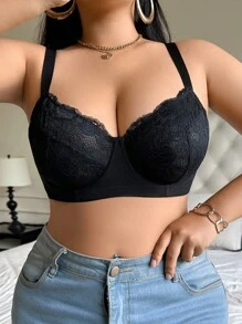 SHEIN Áo ngực có gọng ren chắp vá cỡ lớn cho nữ - màu đen - Xem 1