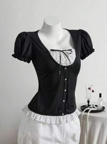 Elamini Black Vintage 2 In 1 Short Sleeve T-Shirt, Fashionable Spring/Summer