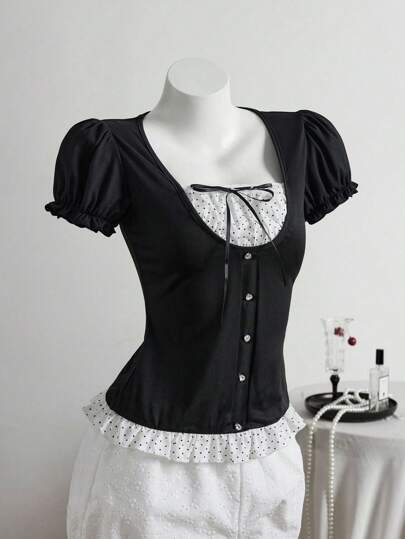 Elamini Camiseta de manga corta vintage negra 2 en 1, de moda para primavera/verano