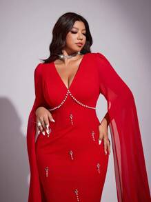 Viva Relle 大码女士优雅浪漫奢华派对、宴会、婚礼宾客、新年轻盈连衣裙，饰以钻石和珍珠，V领，雪纺泡泡袖，收腰设计，直筒廓形，长款连衣裙，秋冬款 - 紅色 - 查看 1