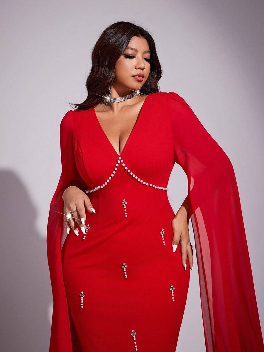 Viva Relle 大码女士优雅浪漫奢华派对、宴会、婚礼宾客、新年轻盈连衣裙，饰以钻石和珍珠，V领，雪纺泡泡袖，收腰设计，直筒廓形，长款连衣裙，秋冬款 - 紅色 - 查看 1