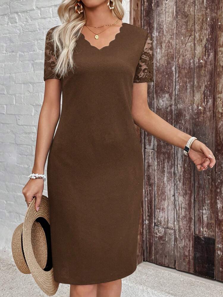 Plus Size Women Elegant Solid Color  Short Sleeve Lace Patchwork  Mini Dress,Summer Holiday,Vacation Outfits Women,Simple And Fashionable For Everyday Wear,Vacay Vibes,Springbreak,Casual Wear SS,Bohemia,Going Out Outfits,2025 New Clothes,Fall Women Clothes,Brown Lace Dress