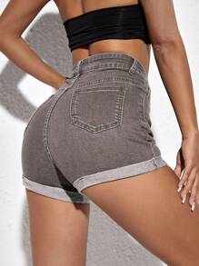 SHEIN ICON 女式夏季休闲街头时尚高腰卷边下摆修身牛仔短裤 - 深灰色 - 查看 6