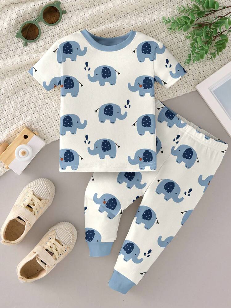 Conjunto de ropa de estar en casa para bebé niño, estilo de dibujo animado de elefante, cómodo y suelto, adecuado para el verano, nueva llegada de otoño - Multicolor - Añade 3