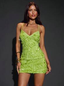 SHEIN BAE 秋季纯绿色亮片刺绣流苏低腰女式迷你裙绿色串珠碎花裙，适合度假、酒会、音乐节、夜店、晚间外出 - 綠色 - 查看 5