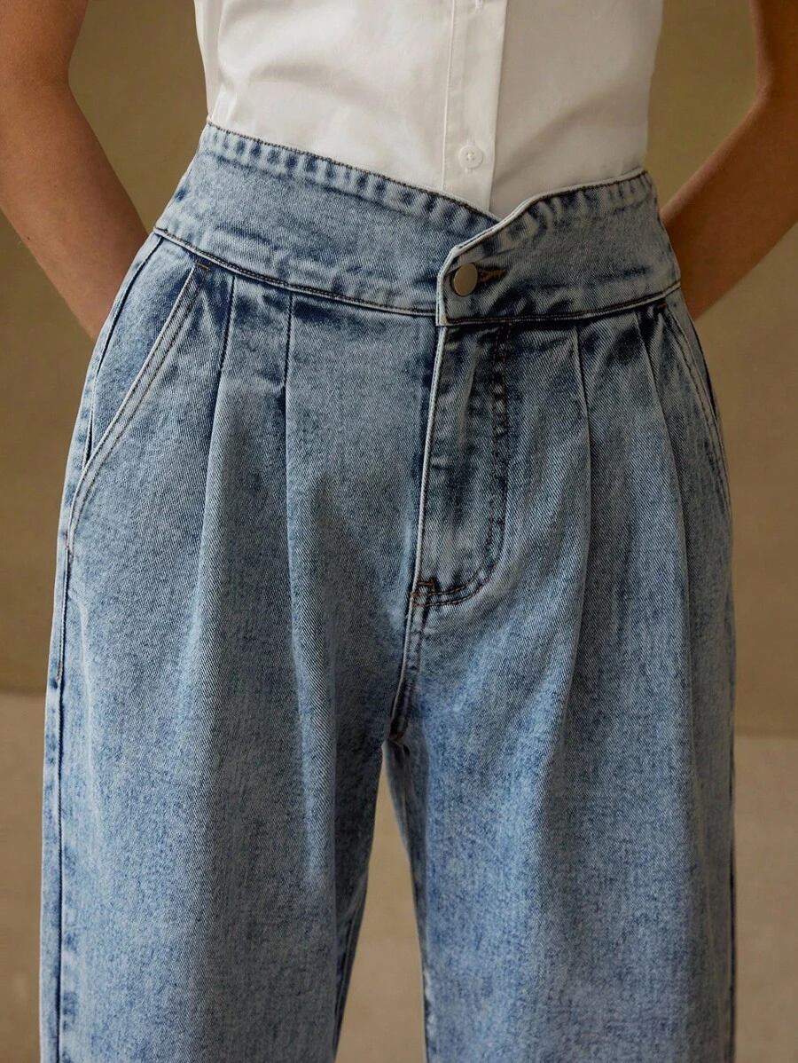 MOTF PREMIUM HIGH WAIST FOLD PLEATED SLANT POCKET TAPERED JEANS