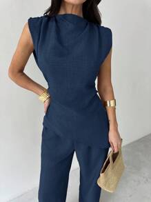 Firerie 卡其色简约优雅休闲通勤办公室服装：无袖不对称褶皱腰女式衬衫 + 常规褶皱阔腿女式裤子、亚麻通勤套装、女士沙滩装、机场装、度假装、教师装 - 藏蓝色 - 查看 4