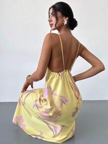 Firerie 女士纯色休闲细肩带露背花卉印花宽松夏威夷度假太阳裙，黄色黄油黄色女士夏季连衣裙 - 黃色 - 查看 4