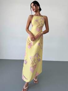 Firerie 女士纯色休闲细肩带露背花卉印花宽松夏威夷度假太阳裙，黄色黄油黄色女士夏季连衣裙 - 黃色 - 查看 5