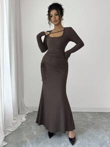 Elenzga Vestido elegante y romántico con cuello cuadrado y volantes en el bajo para vacaciones y uso diario para mujeres - Café - Ver 3