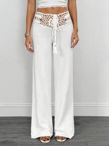 SHEIN Tall Quần len ống rộng đan móc phong cách du lịch giản dị thời trang cho nữ vào mùa thu/đông - trắng - Xem 8