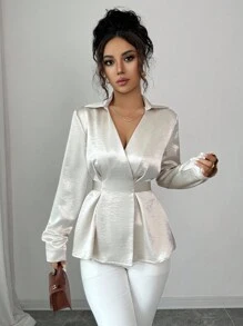 Elenzga 女士优雅时尚V领交叉系带秋季衬衫 - 杏色 - 查看 4