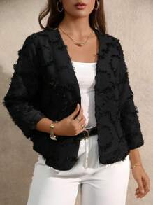 EMERY ROSE Plus Size Women Solid Color Laser Cut Texture Open Front Long Sleeve Fitted Formal Elegant Office Blazer - Black - View 3