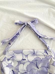 SHEIN Áo hai dây in hoa thời trang cho bé gái tuổi mới lớn, dáng ôm, ôm vừa vặn, thích hợp cho tiệc tùng, trà chiều, bãi biển, du ngoạn - Màu tím hoa cà - Xem 6