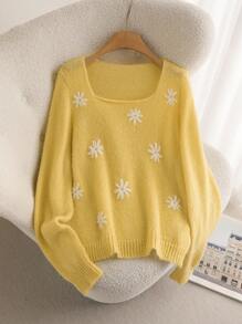 CosyJoli Plus Size Women Daisy Floral Pattern Loose Fit Casual Yellow Pullover Sweater In Fall/Winter