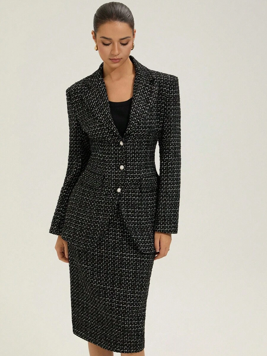 Aveloria Rosie Schwarzer & weißer Tweed Strass & Perlen Dekor Taillenanzug Set mit Taillengürtel für Pendlerinnen, elegant für Frauen