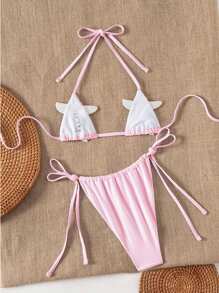 Swim SXY Bộ đồ bơi tam giác gợi cảm Springbreak 2 món cho nữ có điểm nhấn là hình sao biển màu trắng, đồ bơi hở lưng cắt cao đi biển - Hồng - Xem 2