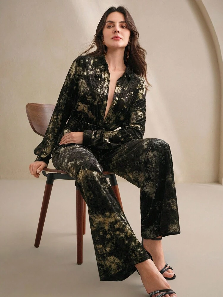 Women's Autumn/Winter Set, Elegant Vintage Luxury Party Metallic Embroidery Velvet Blouse And Wide Leg Pants Suit, Suitable For Halloween, Christmas