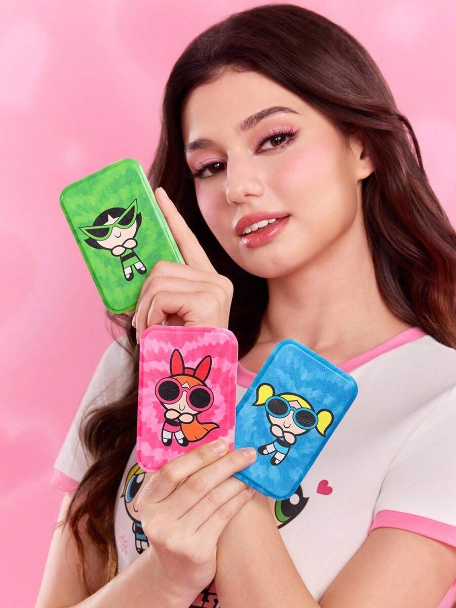 THE POWERPUFF GIRLS X SHEIN 1 件可爱花朵、泡泡、毛茛图案 PU 皮革材质可折叠高清便携式镜子，可独立支撑和手持，轻巧紧凑，方便检查化妆细节，适合旅行和通勤，适合男女，心形、泡泡、花朵、毛茛 - 彩色 - 查看 1