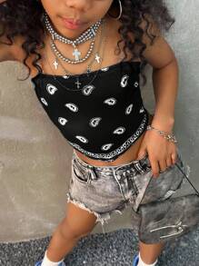 Coolane 青少年女孩春夏街头服饰 Y2K 必备腰果花图案紧身衣抹胸上衣，返校季