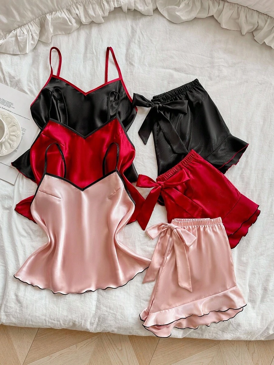 LuxeNights Bộ 3 món/Bộ trang phục phối ren lụa giả màu tương phản - Nhiều màu - Xem 1