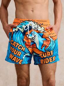 Surfspeed Men's Surfing Shark Print Beach Vacation Swimming Trunks, Summer Beach Shorts - Yellow - View 4