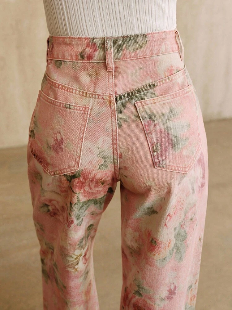Elegant Floral Print Pink Straight-Leg Jeans For Women