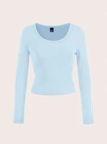 SHEIN EZwear 女士休闲简约浅蓝色圆领插肩袖黑色修身长袖打底 T 恤，适合春秋季 - 淺藍色 - 查看 3