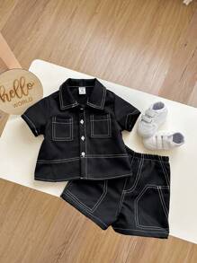 2 件套男婴/女婴休闲校园时尚超大上衣/衬衫搭配松紧腰短裤套装，适合春夏季室内外穿着 - 黑色 - 查看 3