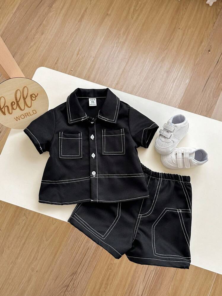 2 件套男婴/女婴休闲校园时尚超大上衣/衬衫搭配松紧腰短裤套装，适合春夏季室内外穿着 - 黑色 - 查看 3