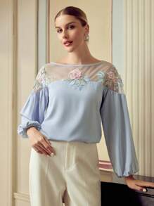 ZEYLAH 女士花卉刺绣网眼灯笼袖宽松优雅衬衫 - 白色 - 查看 7