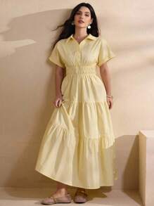 Modelyn Rochie de damă Plus Size, la modă, cu guler elastic, din bumbac, galbenă