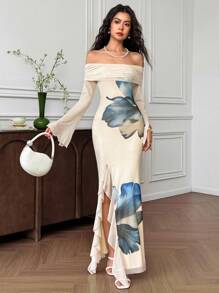 EastFlair Women's Floral Print Off Shoulder Split Fishtail Hem Fitted Dress Wedding Guest Dress Women Birthday Dresses For Women
