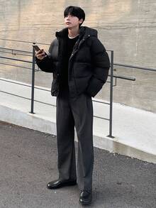 DAZY 男式纯黑色连帽加厚冬季夹克 - 黑色 - 查看 9