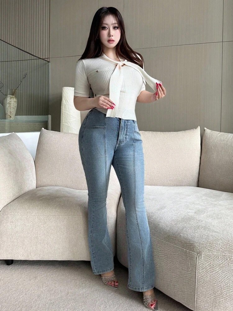 Dazy Plus Plus Size Women Solid Color V-Neck Faux Pocket Short Sleeve Knit Top