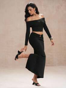 SHEIN Unity Blusa de mujer de manga larga con hombros descubiertos, de unicolor, ajustada y corta con estilo de moda - Negro - Ver 4
