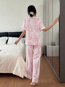 女士印花翻领短袖睡衣套装 - 淺粉色 - 查看 2