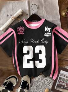 Set de 2 camisetas de manga corta con cuello redondo para niñas preadolescentes con estampados de rayas, números, letras, lazos y estampado de leopardo, ropa de calle vintage, de vuelta al colegio, estilo coreano, ropa de invierno, grunge, lindo estilo Y2K, vibraciones de playa neón, hippie bohemio para festival de música