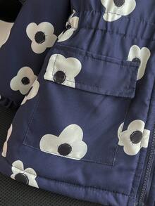 Elladie kids 女童冬季新款拉链连帽羽绒服，时尚加厚印花腰袋可爱甜美羽绒服，儿童冬季外套，女童冬季外套，儿童印花外套，女童印花外套，儿童保暖内衬外套 - 黑與白 - 查看 5