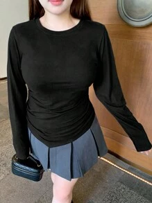 Dazy Plus 大码女式黑色纯色圆领弹力裹身长袖不对称下摆 T 恤上衣 - 黑色 - 查看 6