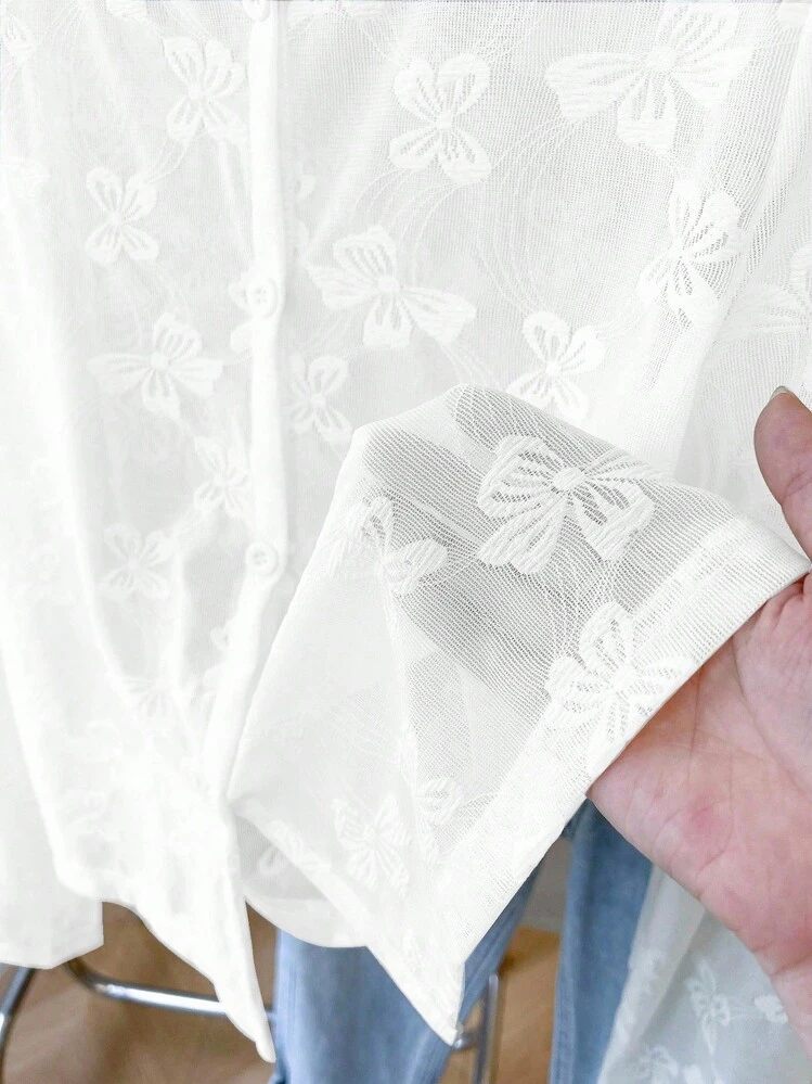 Jaqueta Leve Casual e Versátil com Jacquard de Borboleta para Mulheres - Branco - Visão 5