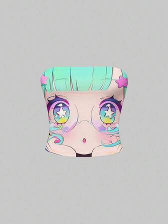 Anime Top corto sin mangas con gráfico de ojos grandes y caras kawaii de color verde y rosa, estilo subcultura Y2K para mujeres
