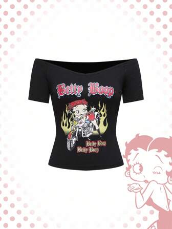 Betty Boop | ROMWE maglietta casual a maniche corte con scollo a spalla, con grafica di lettere e figure cartoni animati